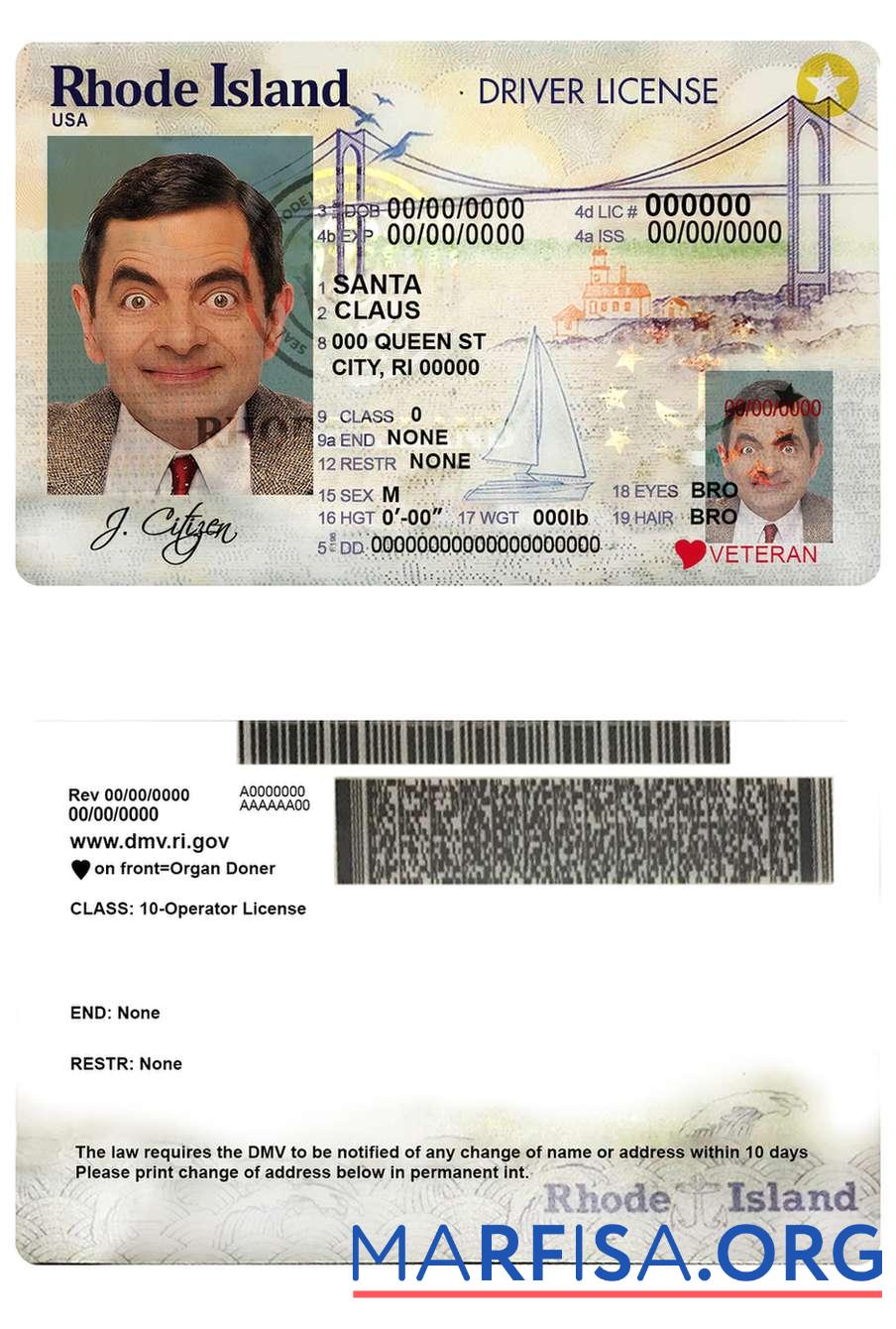 Printable USA Rhode Island state driving license download for verification